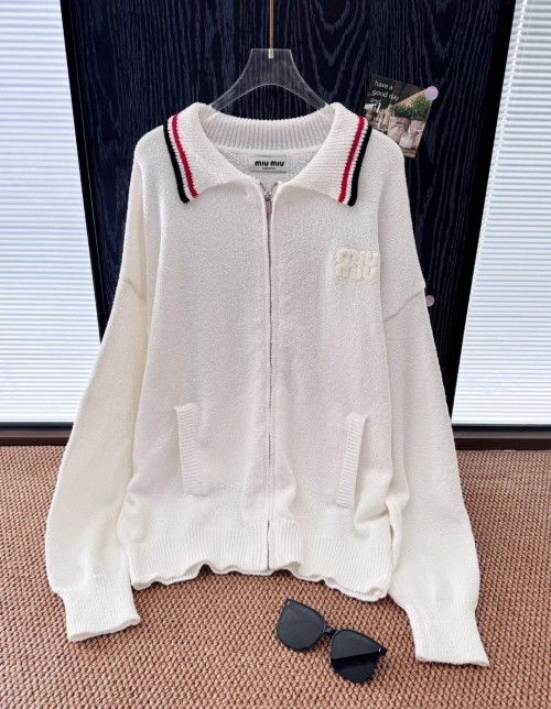 Miu Miu Inspired White Knit Cardigan with Color Block Collar and Zipper 16 Miu Miu Inspired White Knit Cardigan with Color Block Collar and Zipper