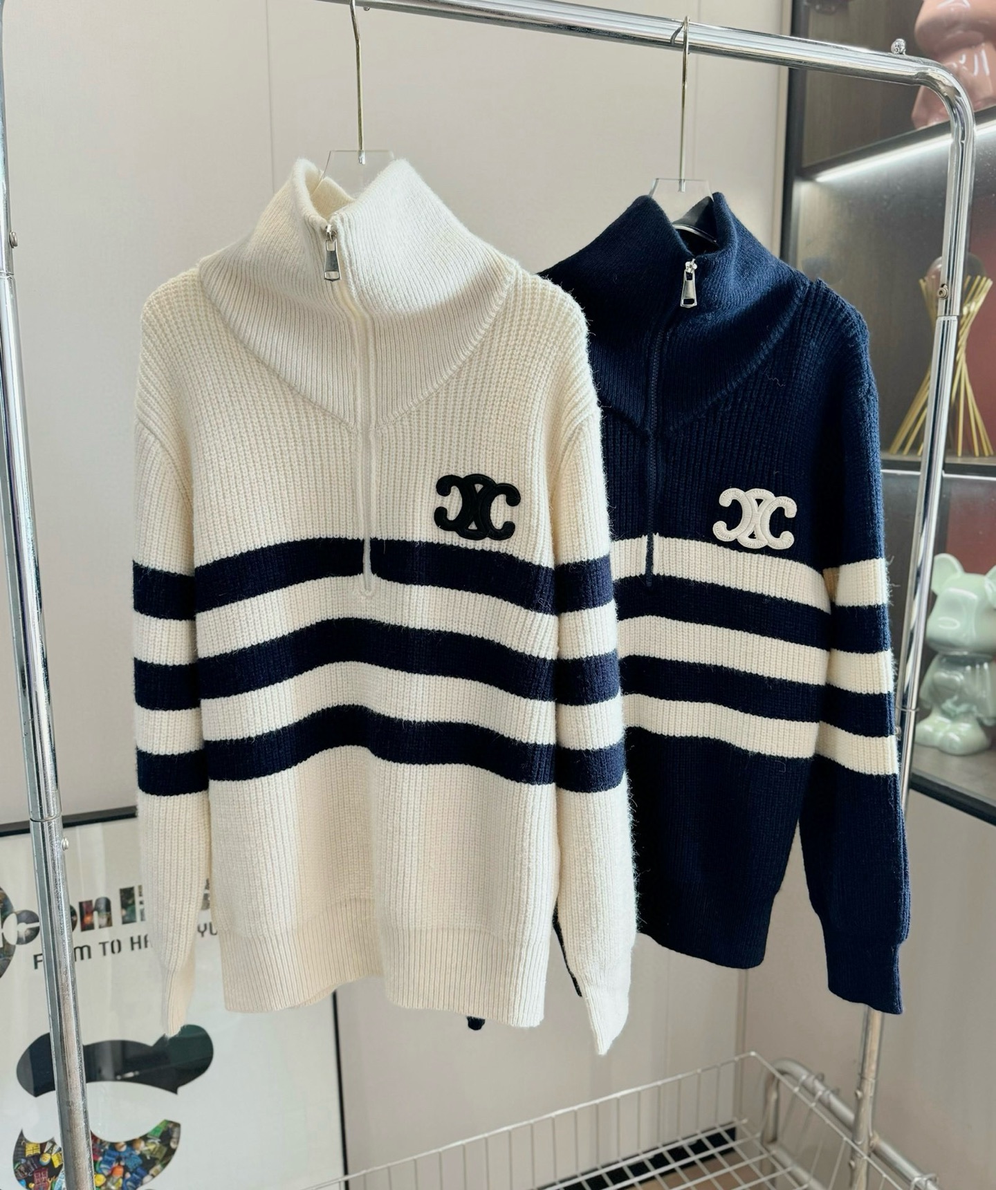 Celine Striped Half-Zip Knit Sweater | Long Sleeve Pullover