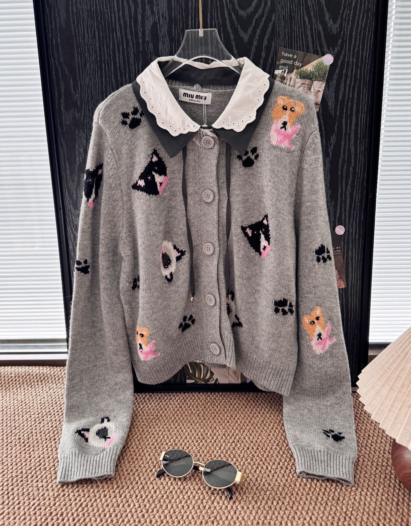 Miu Miu Women's Cat Paw Wool Blend Knit Cardigan with Detachable Collar