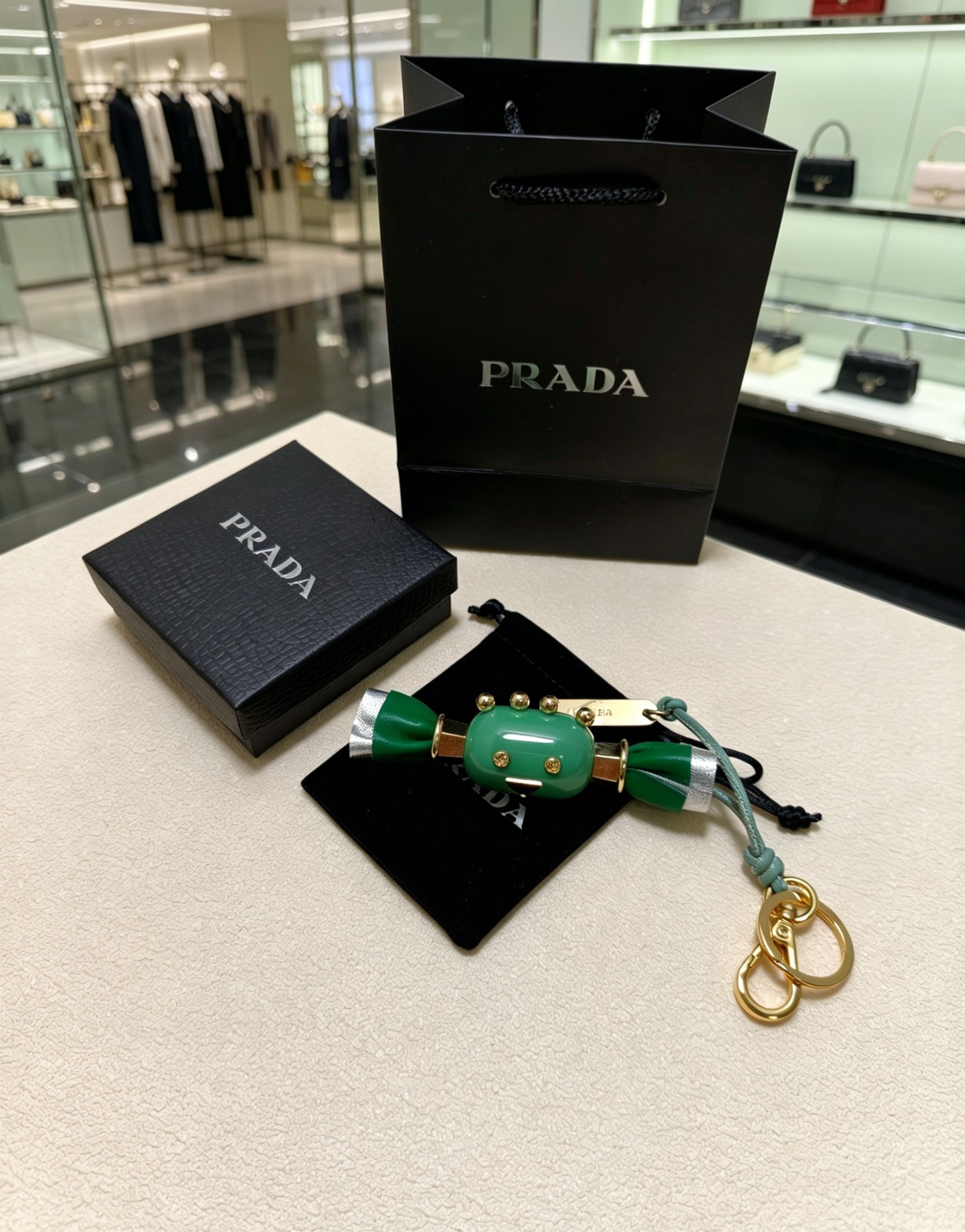 158-prada Candy Charms Tie Sweetness To Your Bag | Matte Pink Enamel Collides With Contrasting Sheepskin, Metal Rivets + Classic Triangle Logo Details. Soft And Cute Candy Shape, With A Light And Luxurious Atmosphere. Exquisite Finishing Item For Bag Keys, Gentle Out Of The Circle | Candy Shape Autumn Sea Green/green