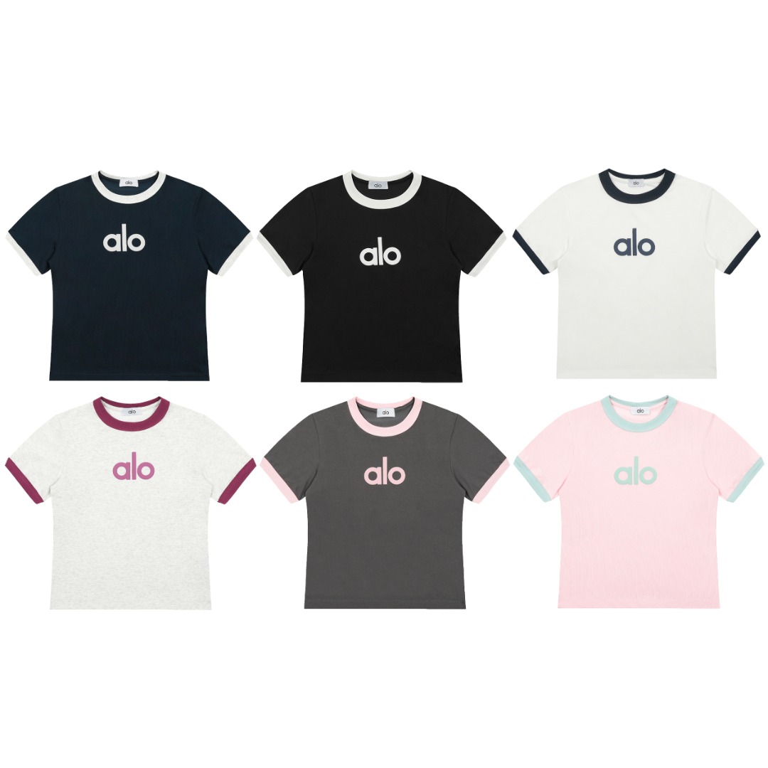 P69💰
ALO撞色拼接INS风发泡印花LOGO正肩版型女装T恤短袖

款号 ：AL309
码数：S M L
颜色：花灰色 深灰 藏青 米白色 粉色 黑色