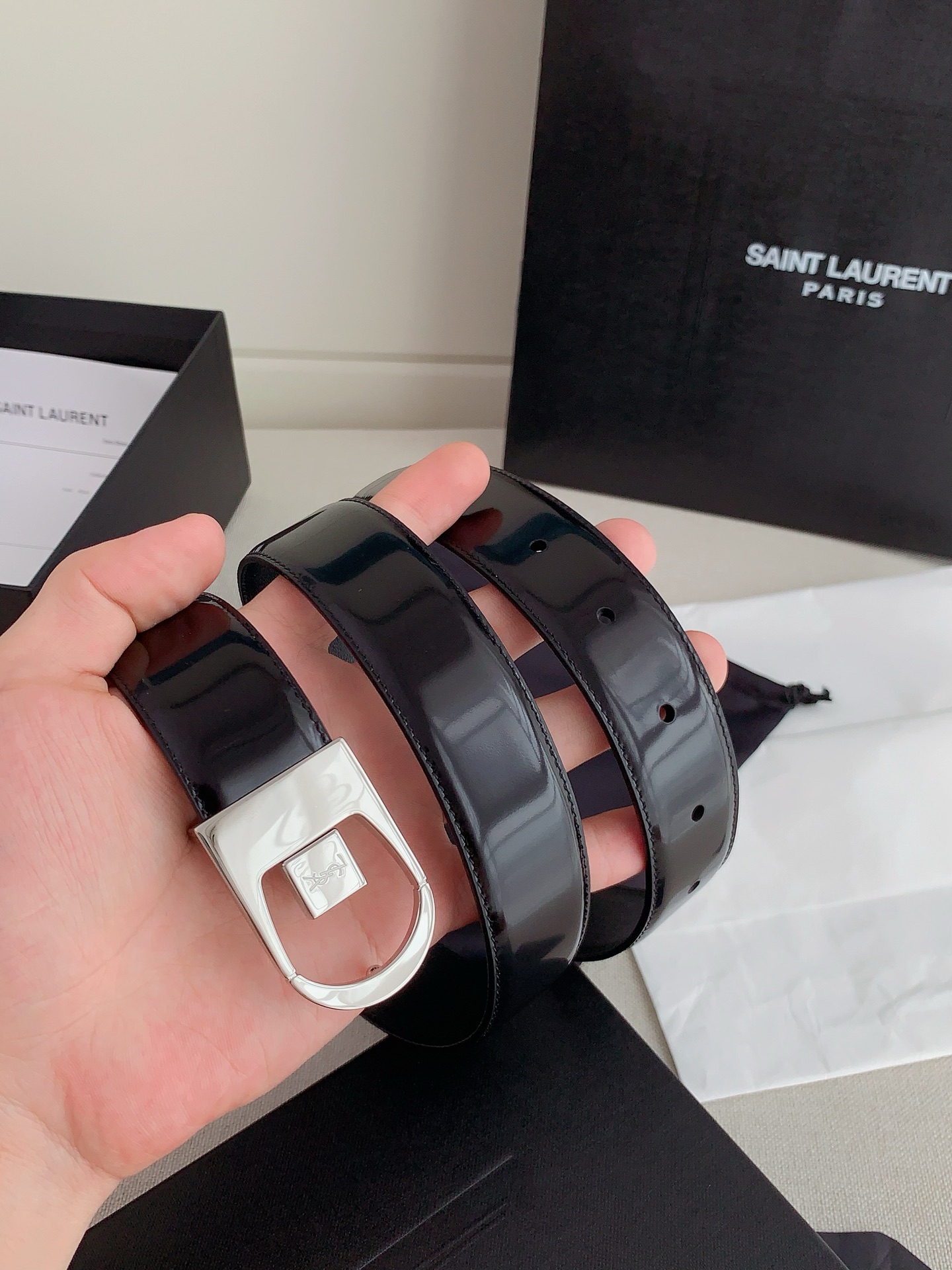 Yves Saint Laurent Black Patent Leather Belt with Silver Buckle, 3.0cm Width 5 i1746857278161 3640 0 3