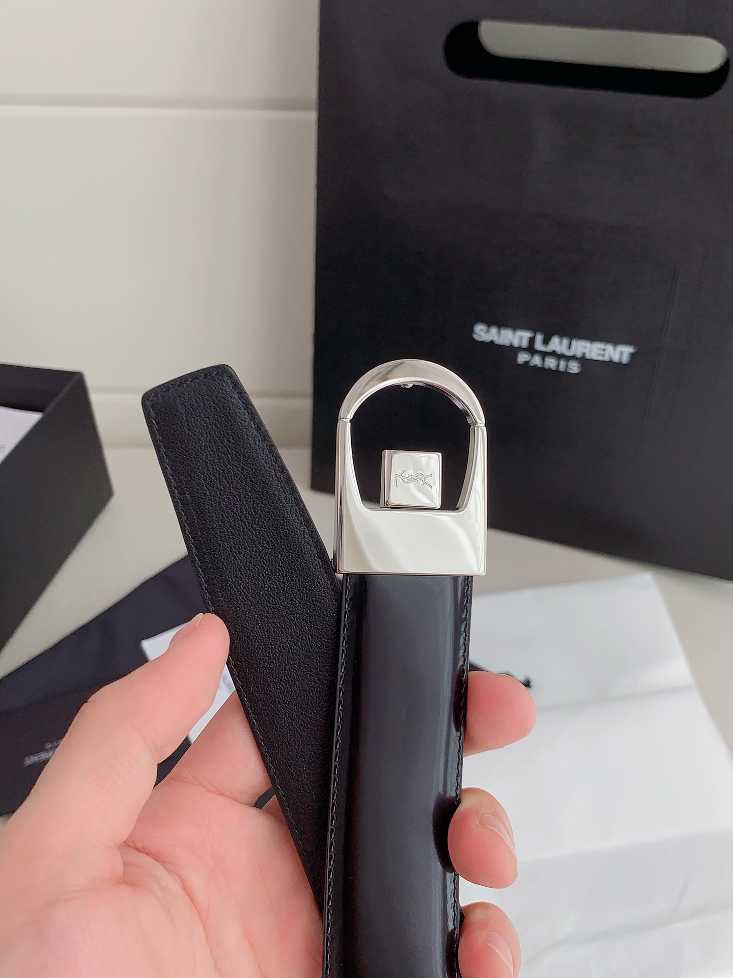 Yves Saint Laurent Black Patent Leather Belt with Silver Buckle, 3.0cm Width 4 i1746857278177 2770 0 2