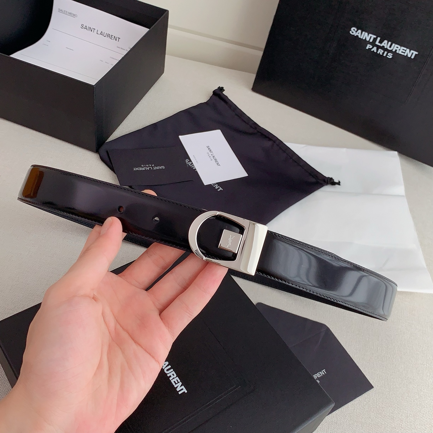 Yves Saint Laurent Black Patent Leather Belt with Silver Buckle, 3.0cm Width 8 i1746857278998 2373 0 6