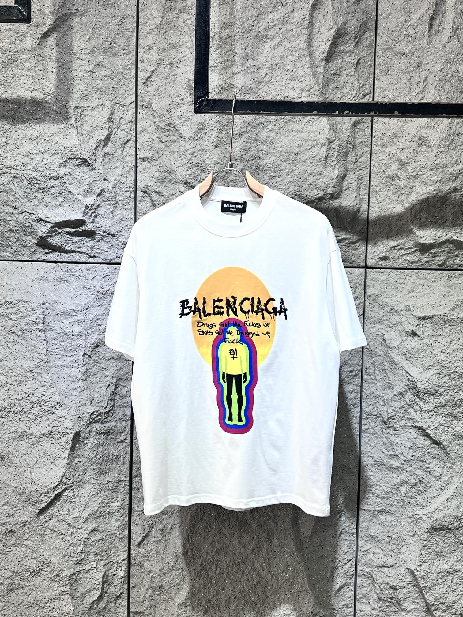 Balenciaga Vêtements T-Shirt Noir Graffiti Blanc Broderie de fleurs Unisexe Coton