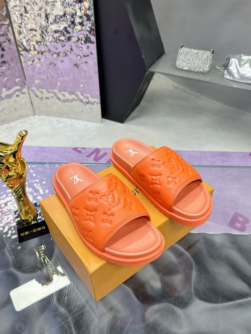 Louis Vuitton Lv2025 Men's Leather Slides, Orange, Sizes 38-44 1 Louis Vuitton Lv2025 Men's Leather Slides, Orange, Sizes 38-44