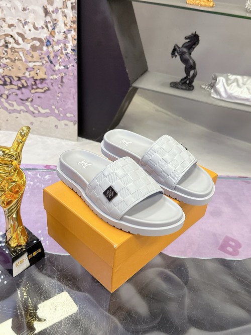 Louis Vuitton Men's LV2025 White Leather Embossed Slide Sandals, Sizes 38-44