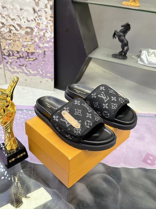 Louis Vuitton Men's LV2025 Monogram Embossed Leather Summer Slides 1 Louis Vuitton Men's LV2025 Monogram Embossed Leather Summer Slides