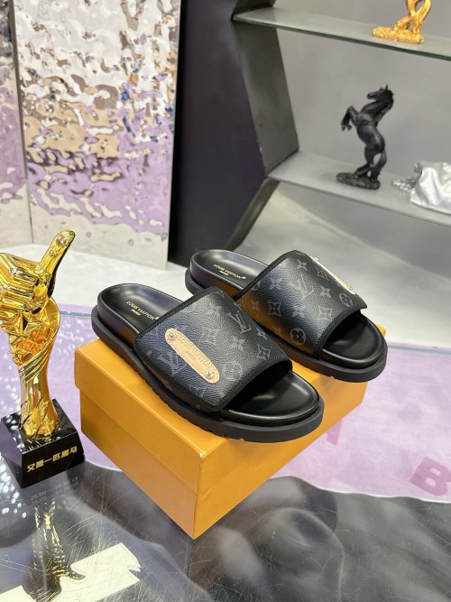 Louis Vuitton LV2025 Men's Monogram Embossed Leather Slides Sandals 1 Louis Vuitton LV2025 Men's Monogram Embossed Leather Slides Sandals