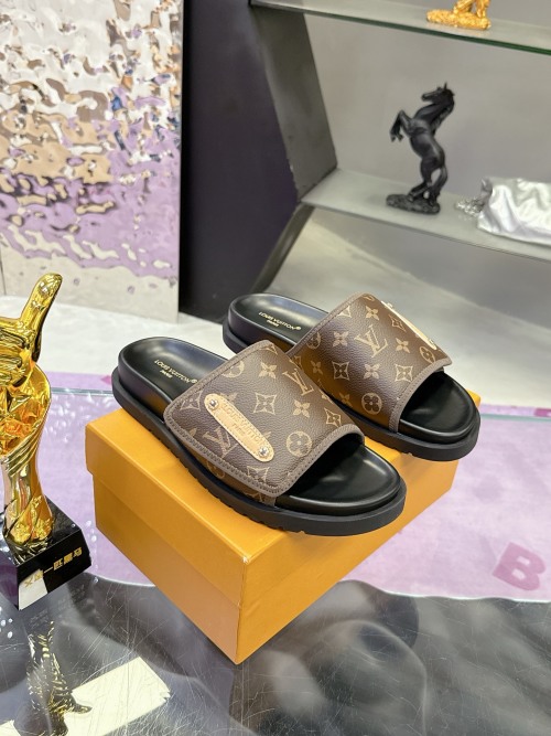 Louis Vuitton LV2025 Men's Monogram Embossed Leather Slides Sandals 1 Louis Vuitton LV2025 Men's Monogram Embossed Leather Slides Sandals