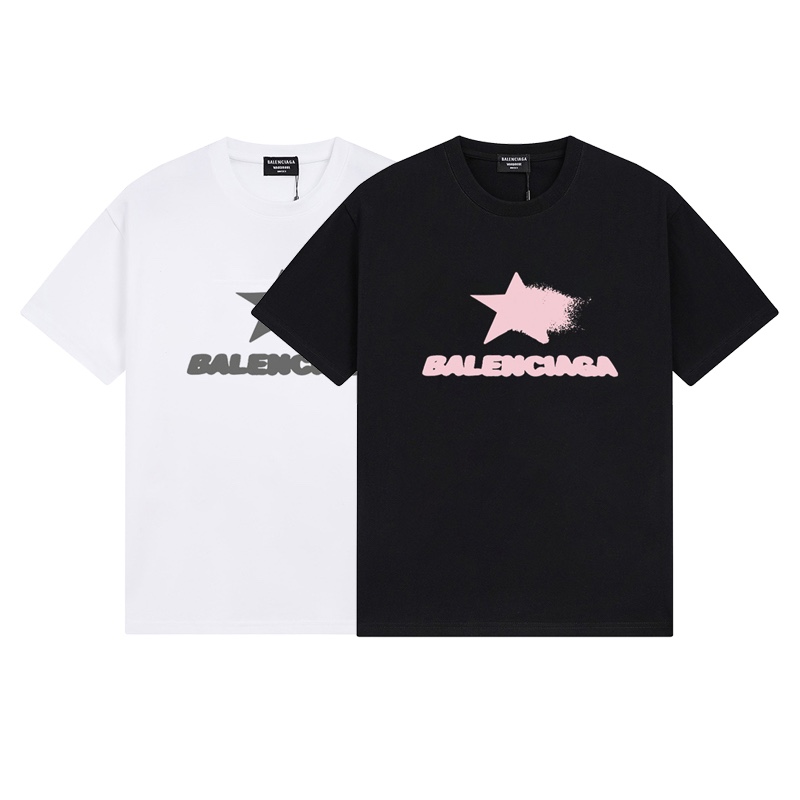 Balenciaga Clothing T-Shirt Black White Printing Combed Cotton Short Sleeve