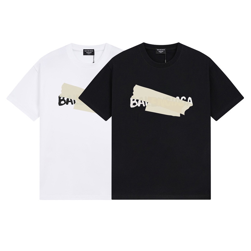 Balenciaga Clothing T-Shirt Black White Printing Combed Cotton Short Sleeve