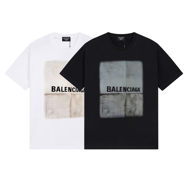 Balenciaga Wholesale
 Clothing T-Shirt Black White Printing Combed Cotton Vintage Short Sleeve
