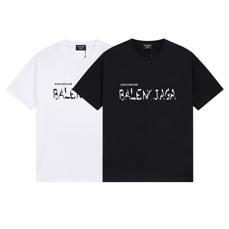 Replcia Cheap From China
 Balenciaga Clothing T-Shirt Black White Printing Combed Cotton Short Sleeve