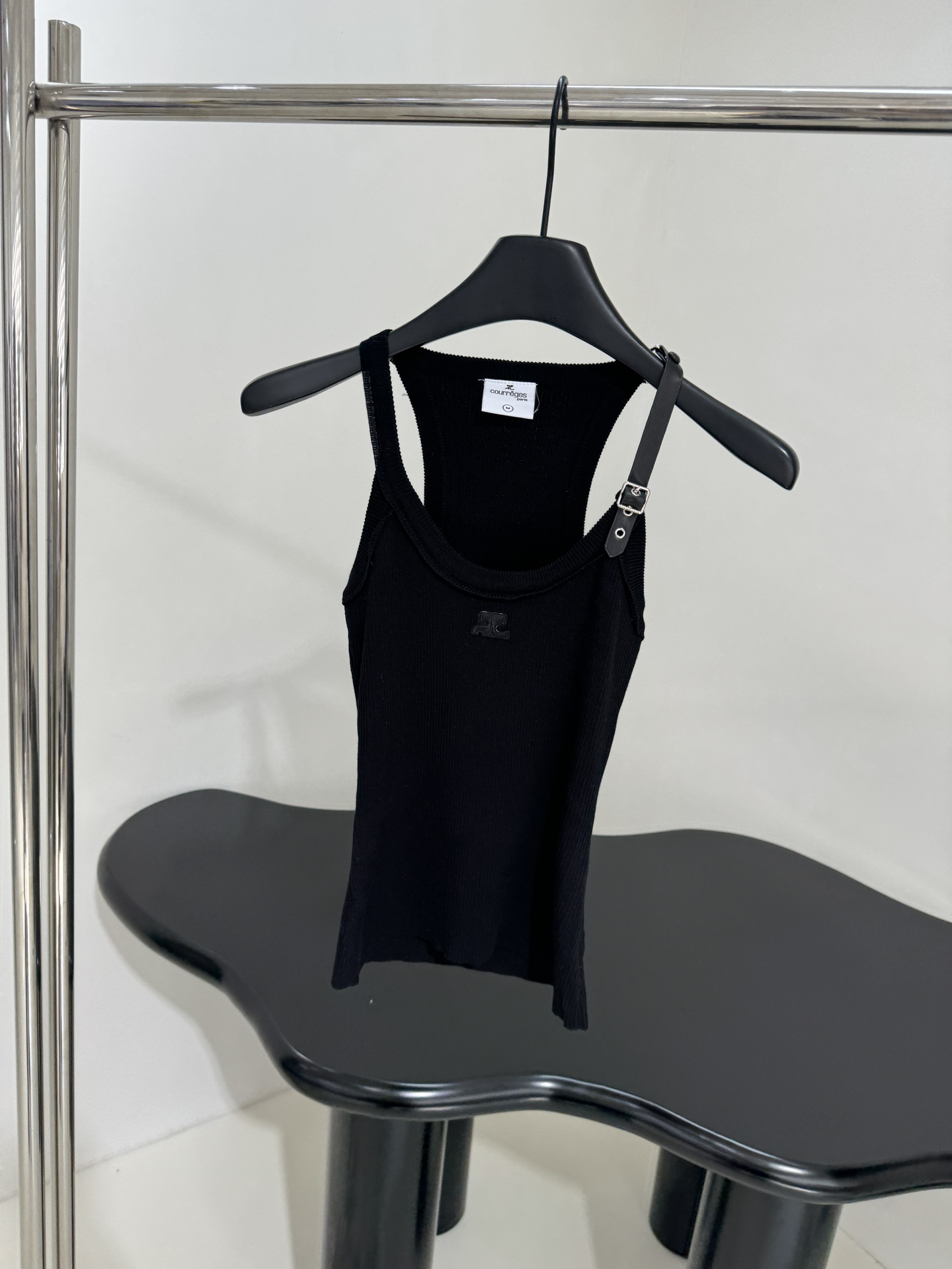 Courreges: Original Female Suit with Cotton Knit Vest, Leather Belts, Stripes.