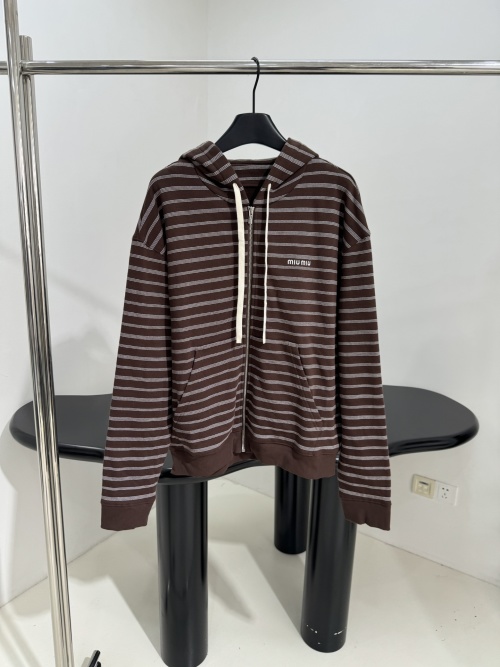 Miu Miu Brown Striped Cotton Knit Zip-Up Hoodie with Embroidered Logo 1 Miu Miu Brown Striped Cotton Knit Zip-Up Hoodie with Embroidered Logo