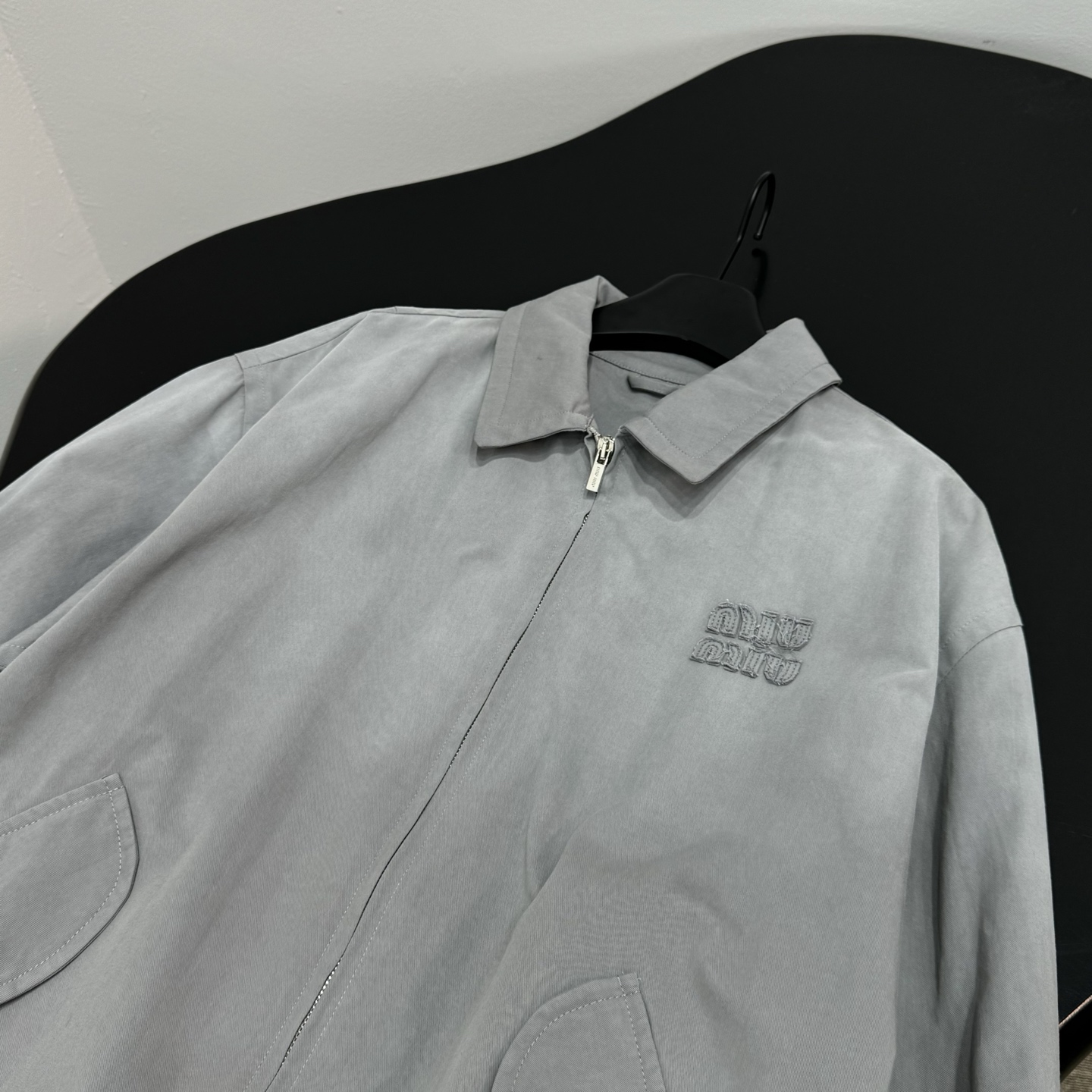 Miu Miu Grey Lapel Embroidery Zip Jacket