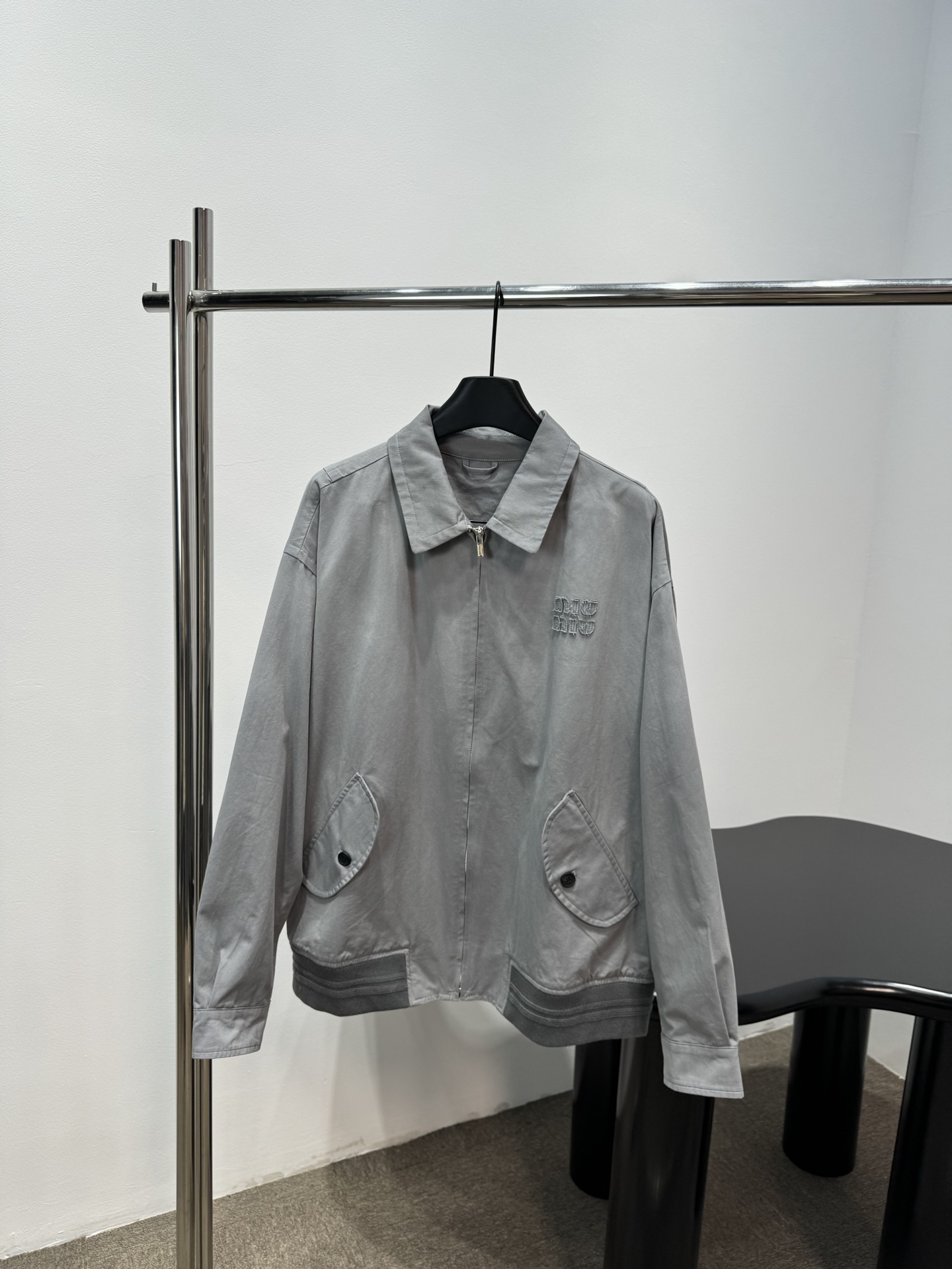 Miu Miu Grey Lapel Embroidery Zip Jacket