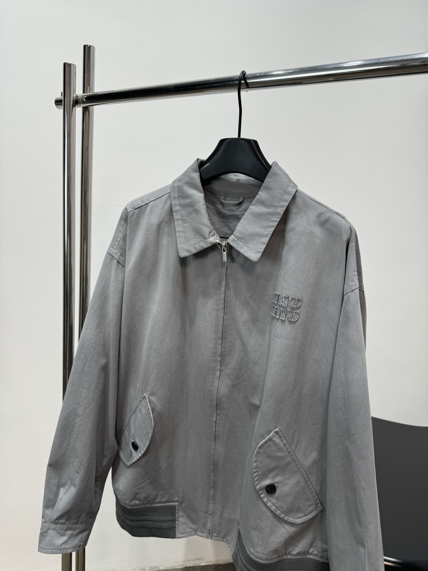 Miu Miu Grey Lapel Embroidery Zip Jacket