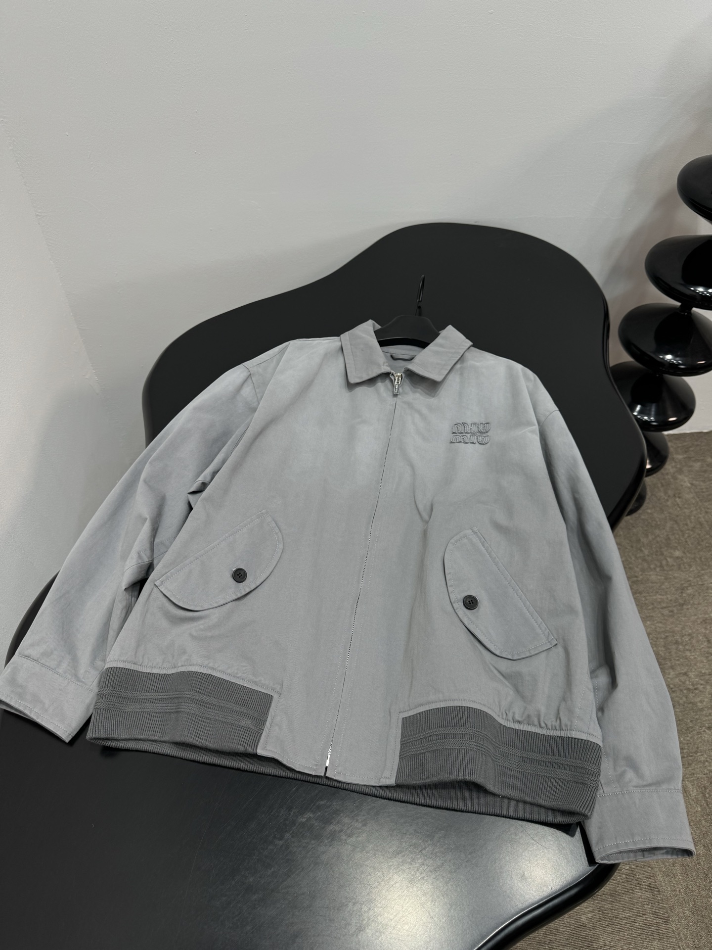 Miu Miu Grey Lapel Embroidery Zip Jacket