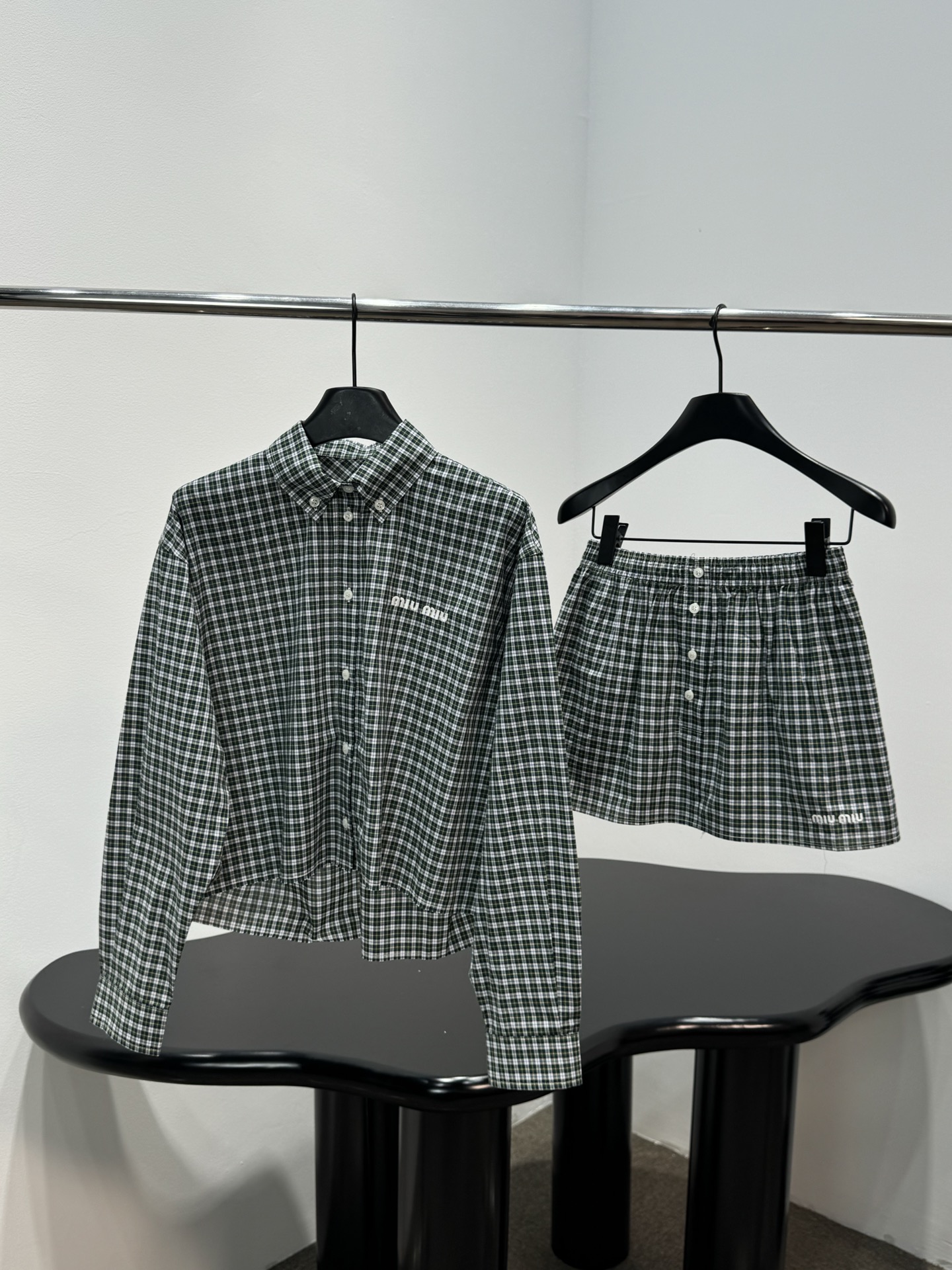 Miu Miu Green Plaid Shirt Skirt Set