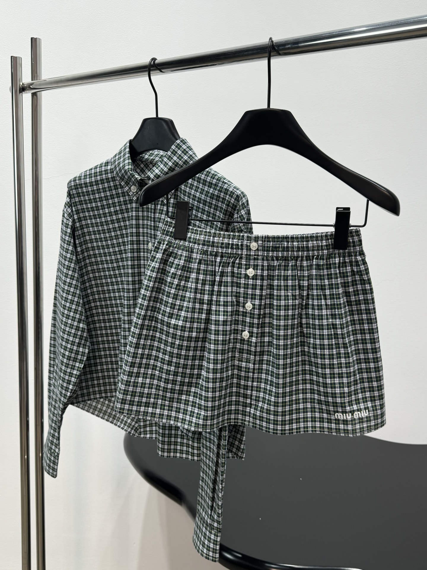 Miu Miu Green Plaid Shirt Skirt Set