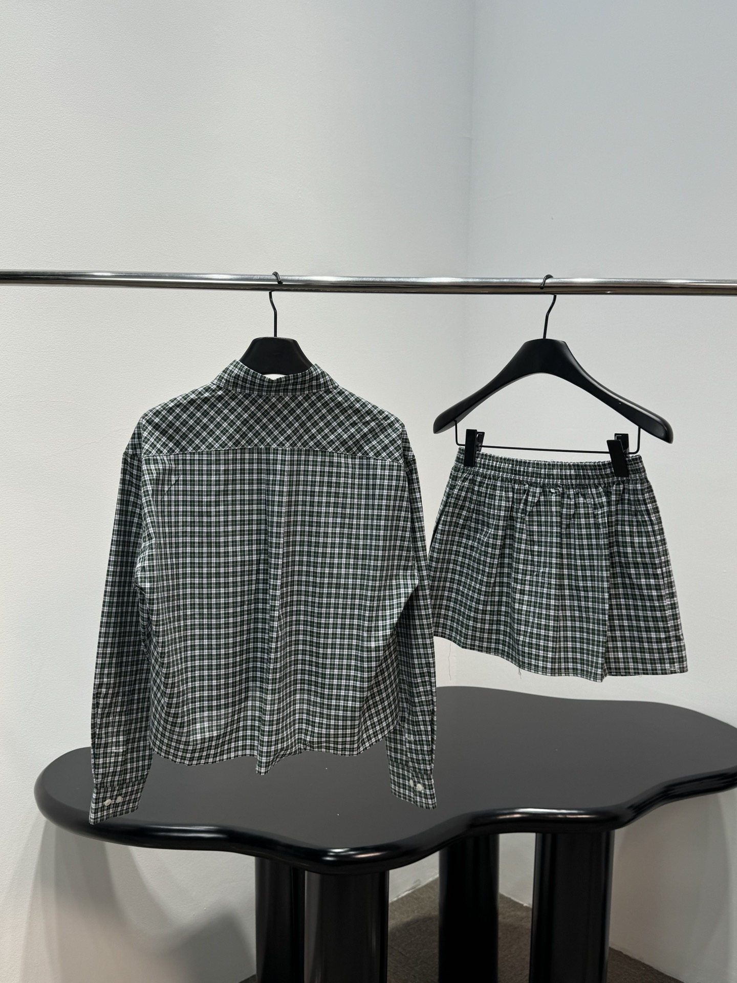 Miu Miu Green Plaid Shirt Skirt Set