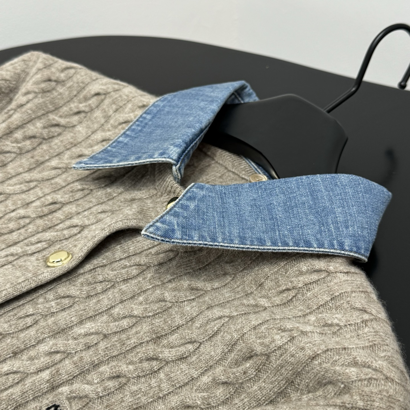 Miu Miu Denim Collar Cable Knit Gold Button Cardig