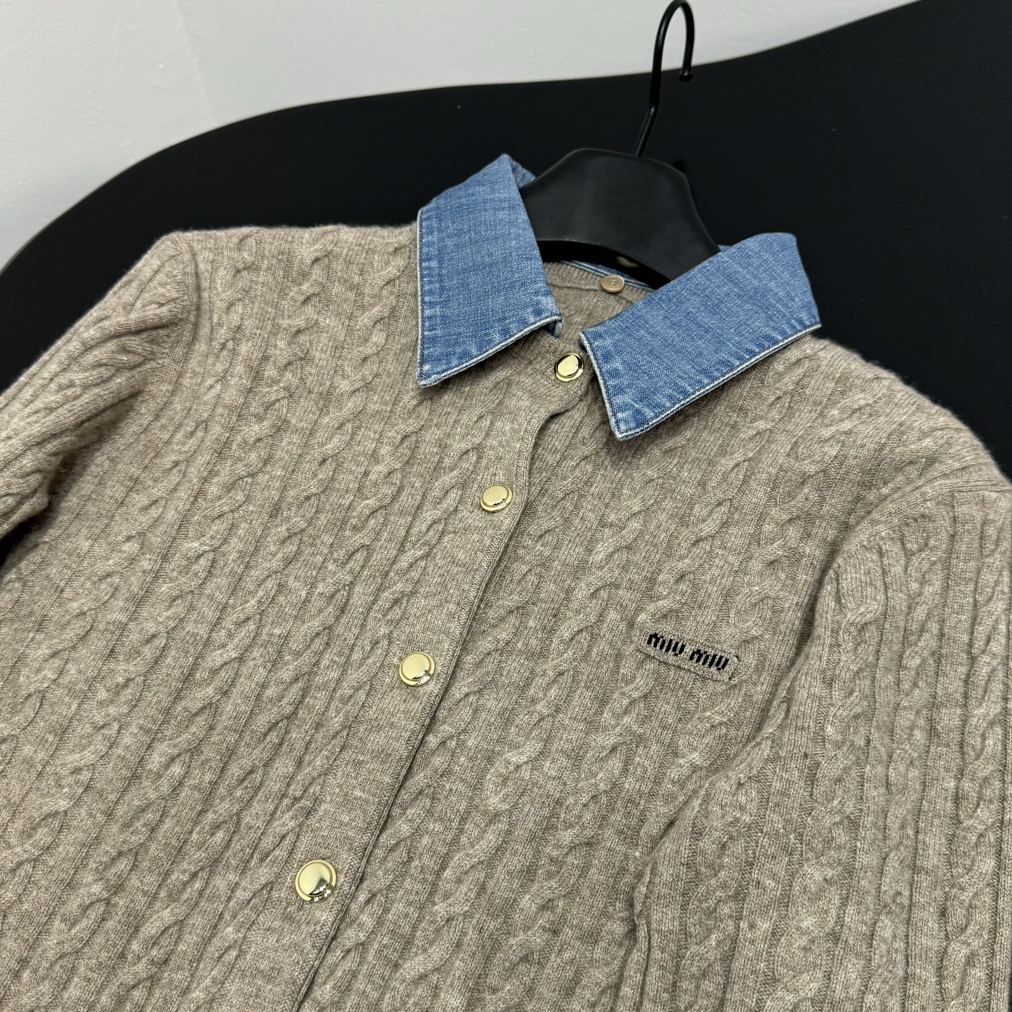Miu Miu Denim Collar Cable Knit Gold Button Cardig