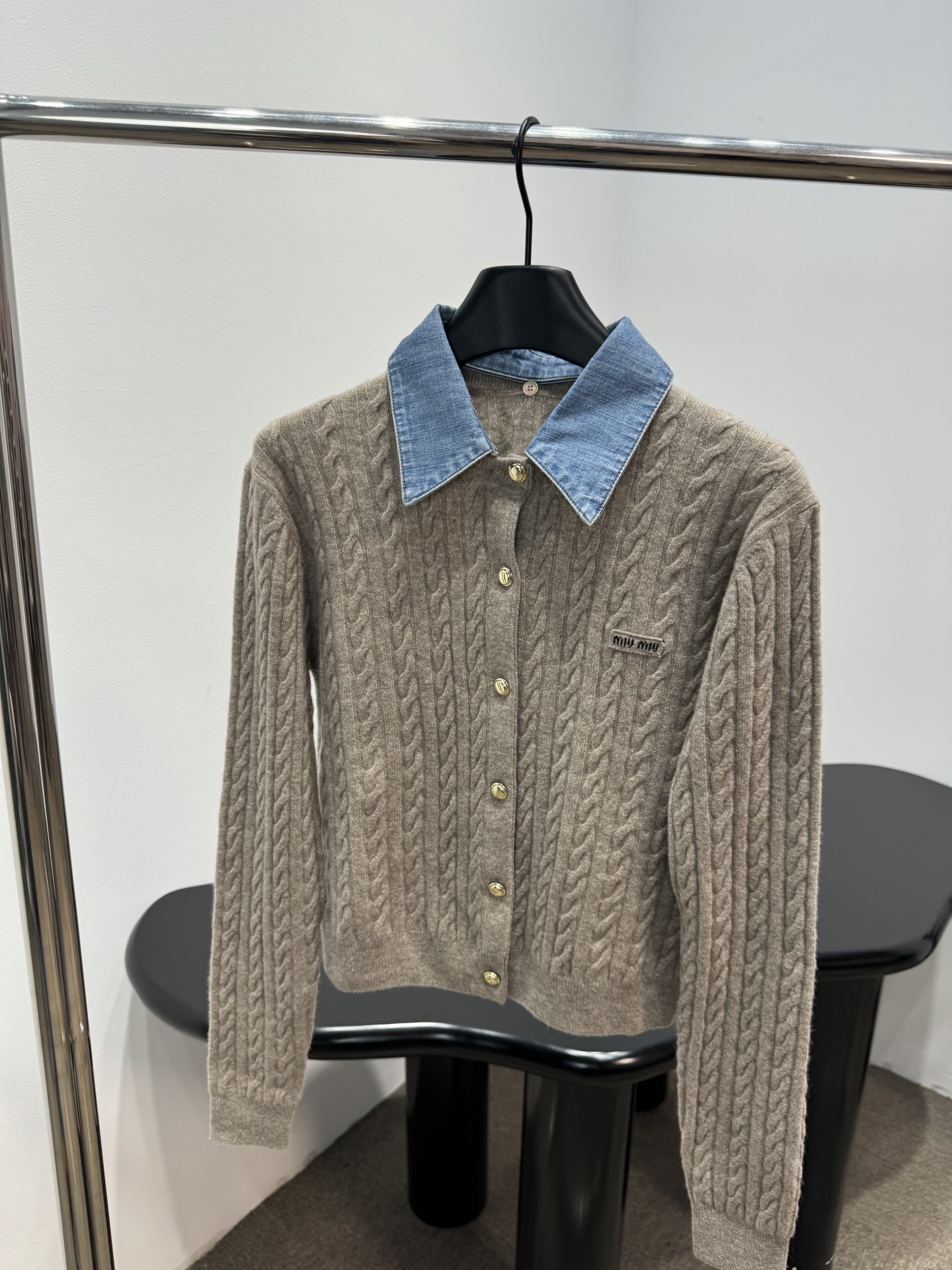 Miu Miu Denim Collar Cable Knit Gold Button Cardig