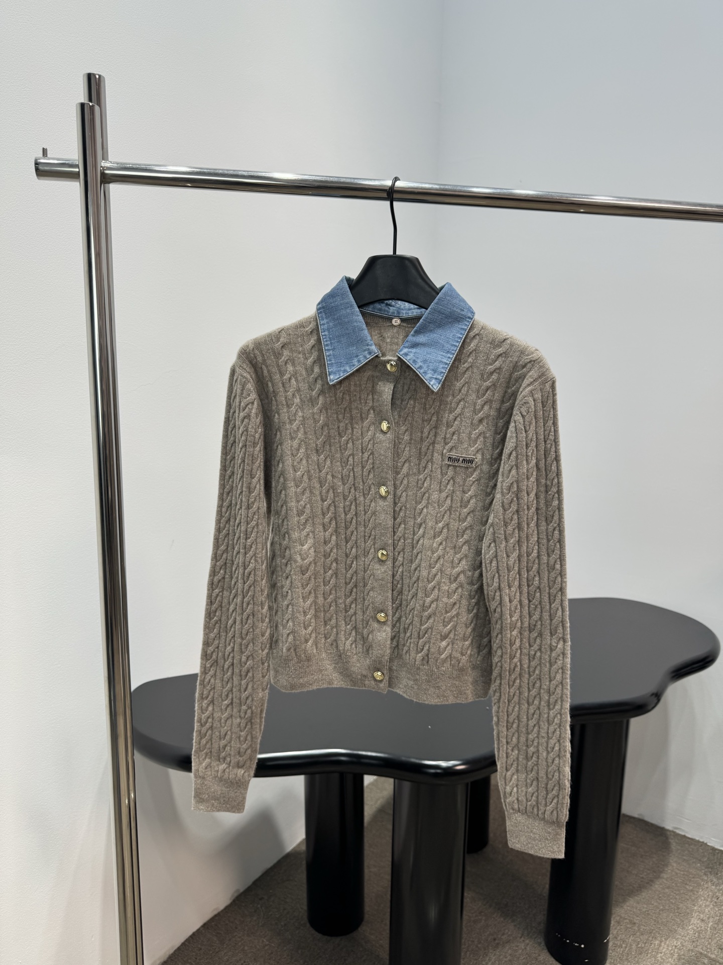 Miu Miu Denim Collar Cable Knit Gold Button Cardig