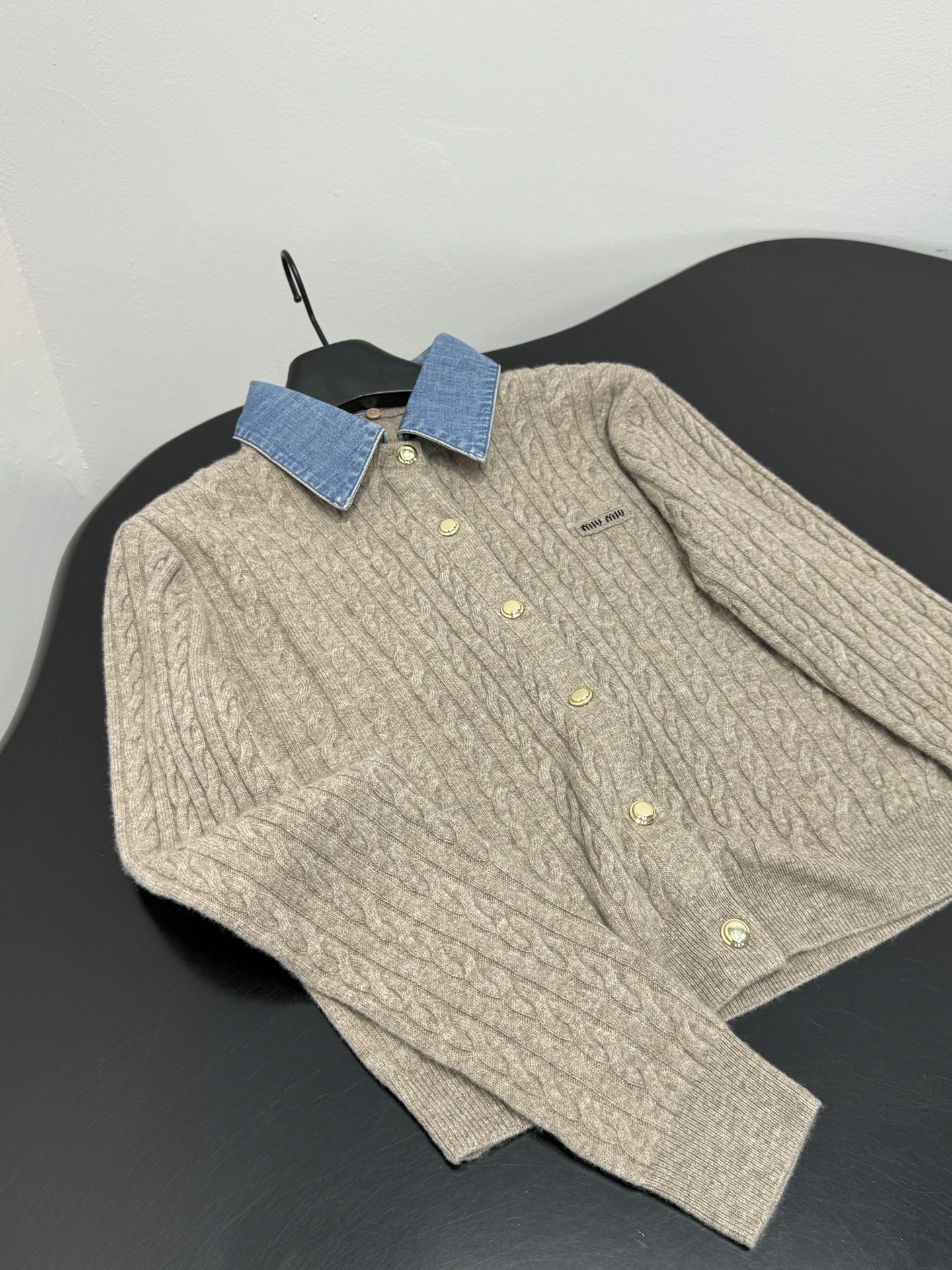 Miu Miu Denim Collar Cable Knit Gold Button Cardig