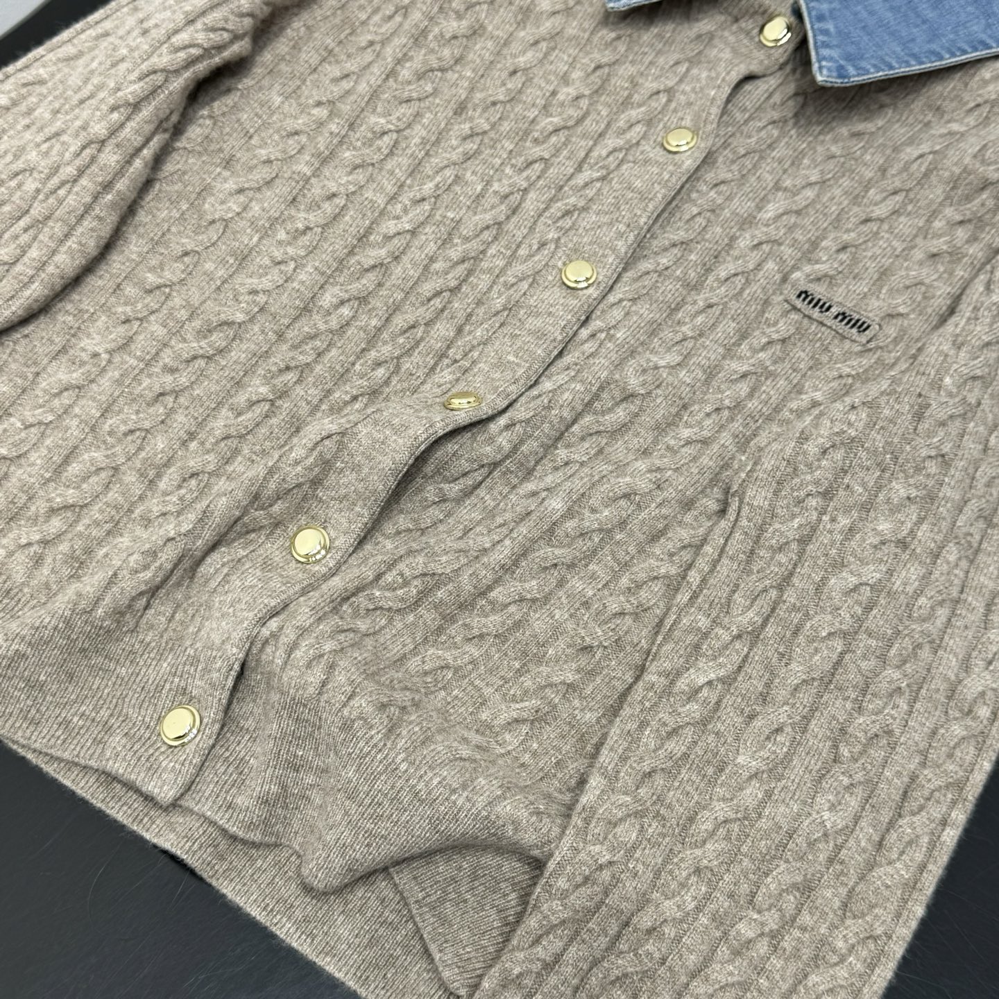 Miu Miu Denim Collar Cable Knit Gold Button Cardig
