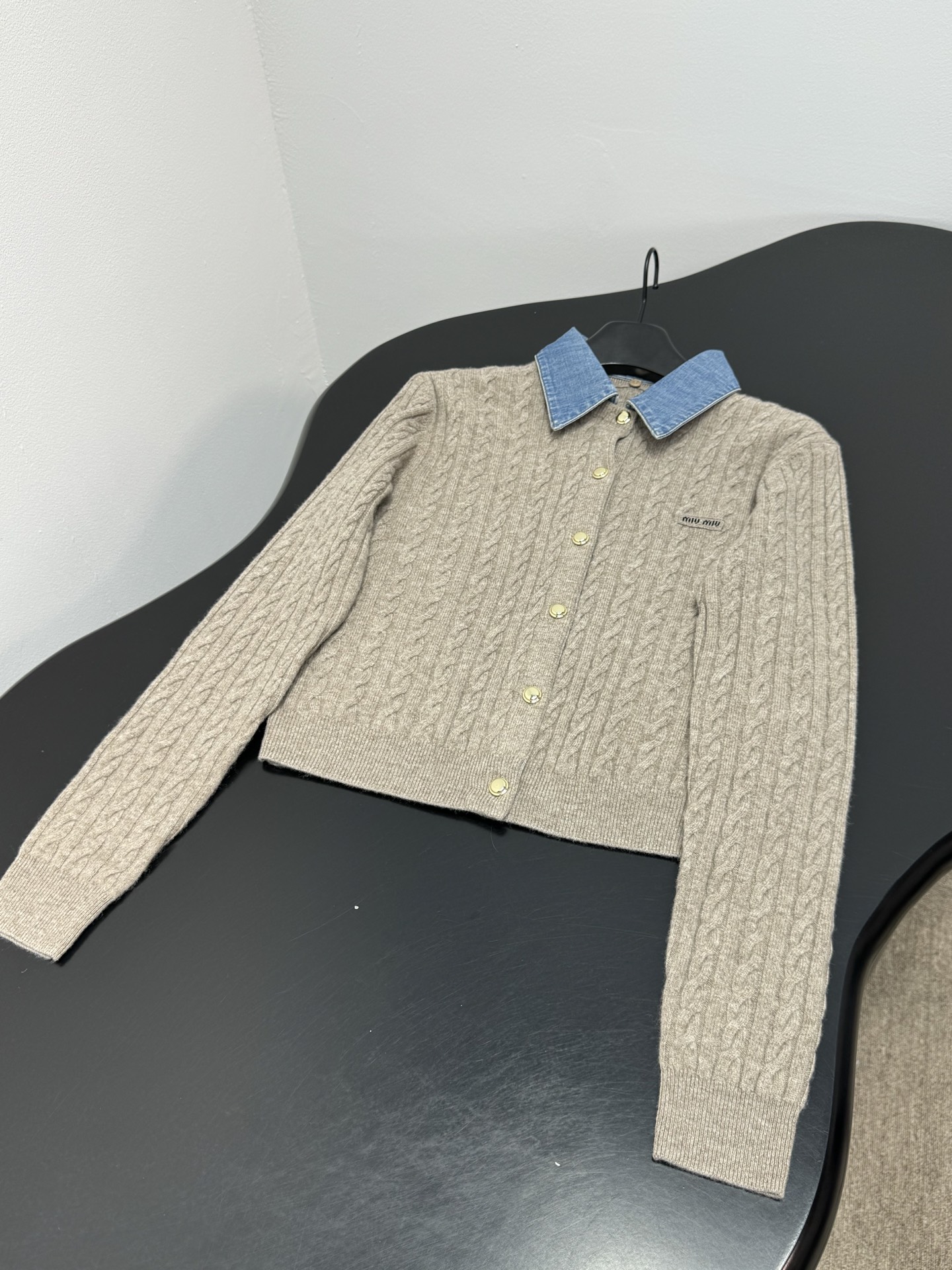 Miu Miu Denim Collar Cable Knit Gold Button Cardig
