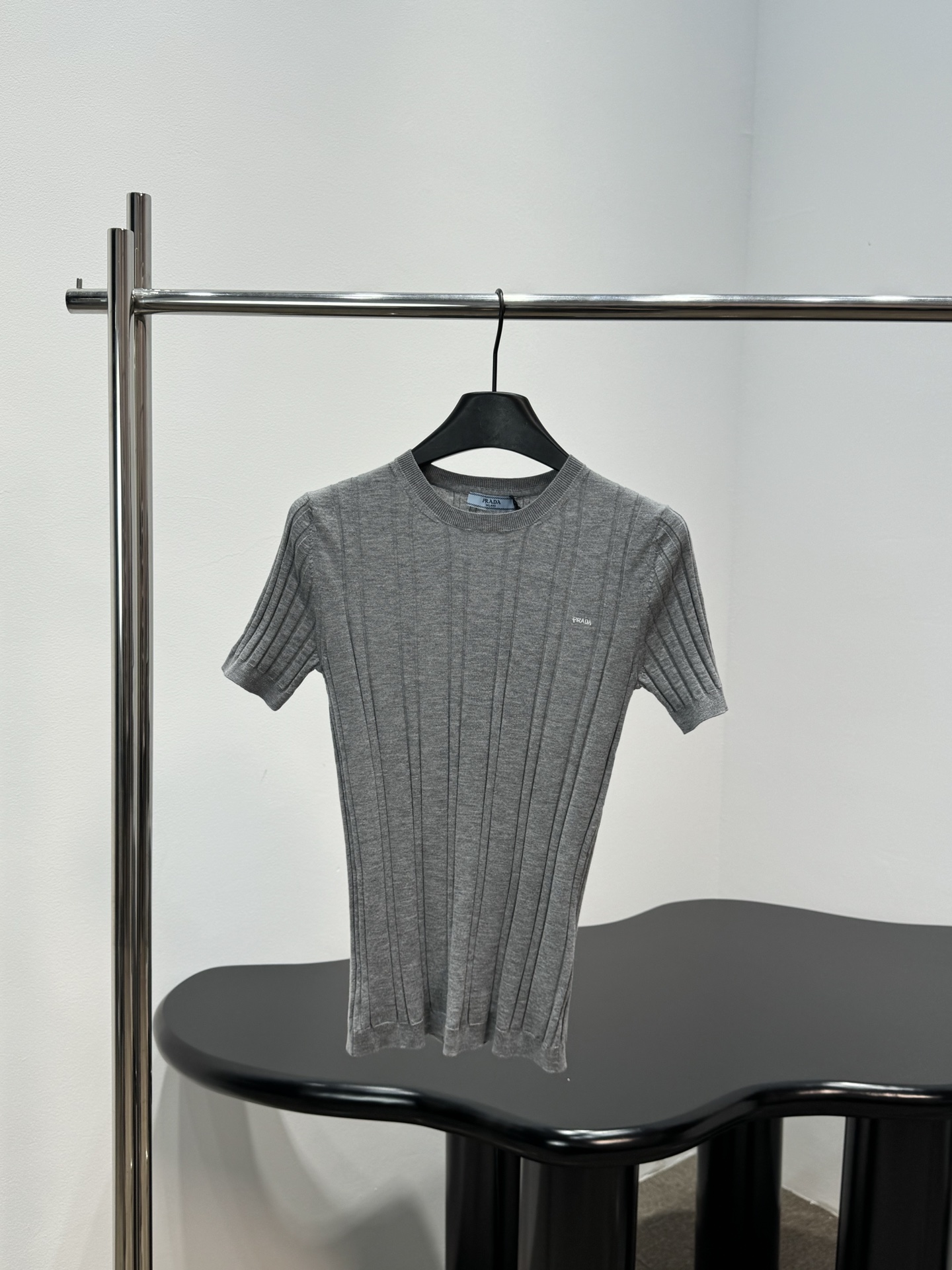 Prada Gray Ribbed Short Sleeve Dress