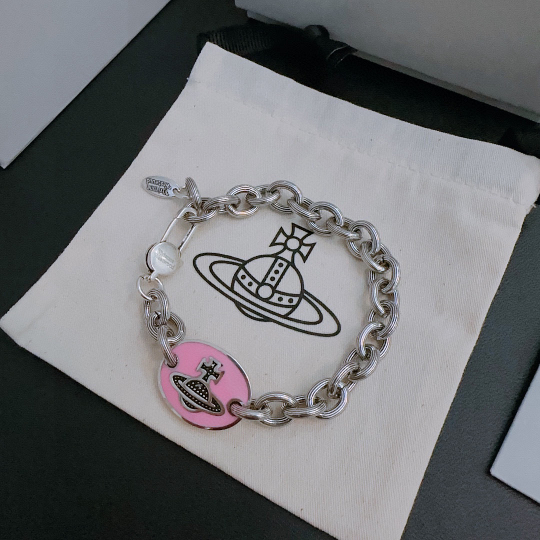 Vivienne Westwood Inspired Silver Tone Pink Enamel Orb Chain Bracelet 3 i1740824702125 6118 0 1