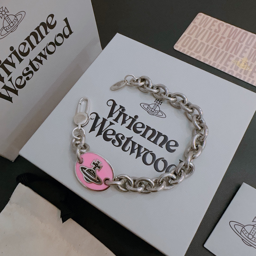 Vivienne Westwood Inspired Silver Tone Pink Enamel Orb Chain Bracelet 2 i1740824702127 6760 0 0