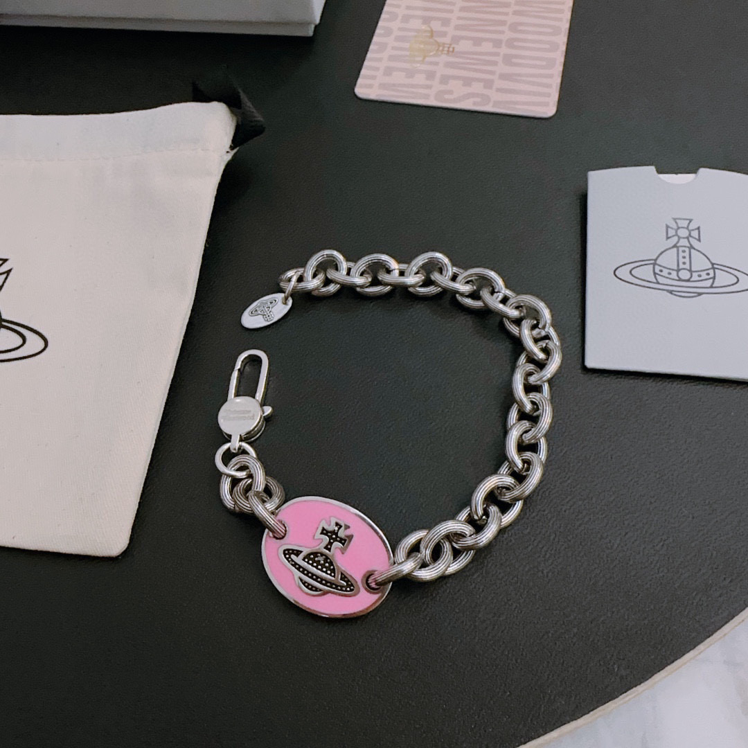 Vivienne Westwood Inspired Silver Tone Pink Enamel Orb Chain Bracelet 4 i1740824702127 7679 0 2