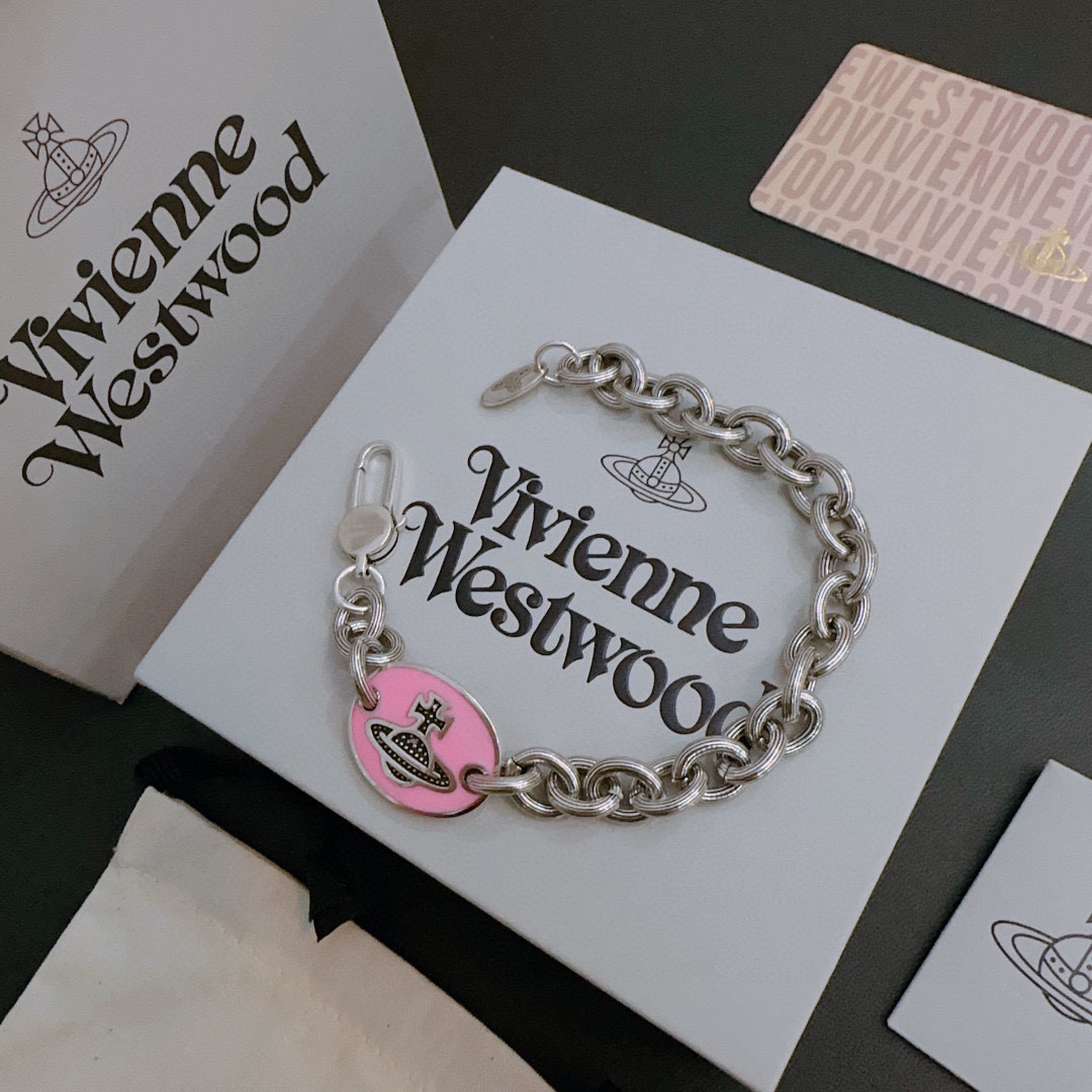 Vivienne Westwood Inspired Silver Tone Pink Enamel Orb Chain Bracelet 7 i1740824703014 6437 0 5