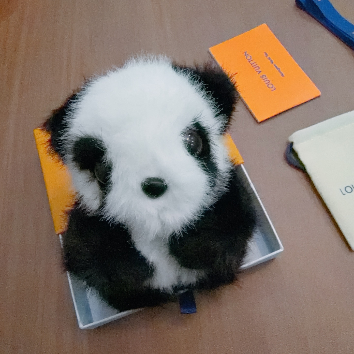 Louis Vuitton Anger Forest Panda Keychain Charm pendant gold-tone metal black and white faux fur multicolor enamel black resin eyes and nose 12cm total length