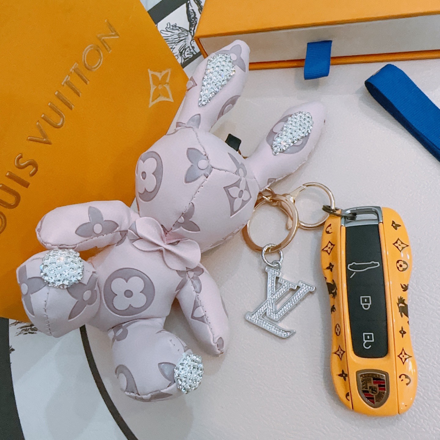 Louis Vuitton Anger Forest Bunny Keychain pendant Light pink monogram coated canvas gold-tone metal hardware clear pave crystal accents silver-tone crystal LV charm 12cm total length