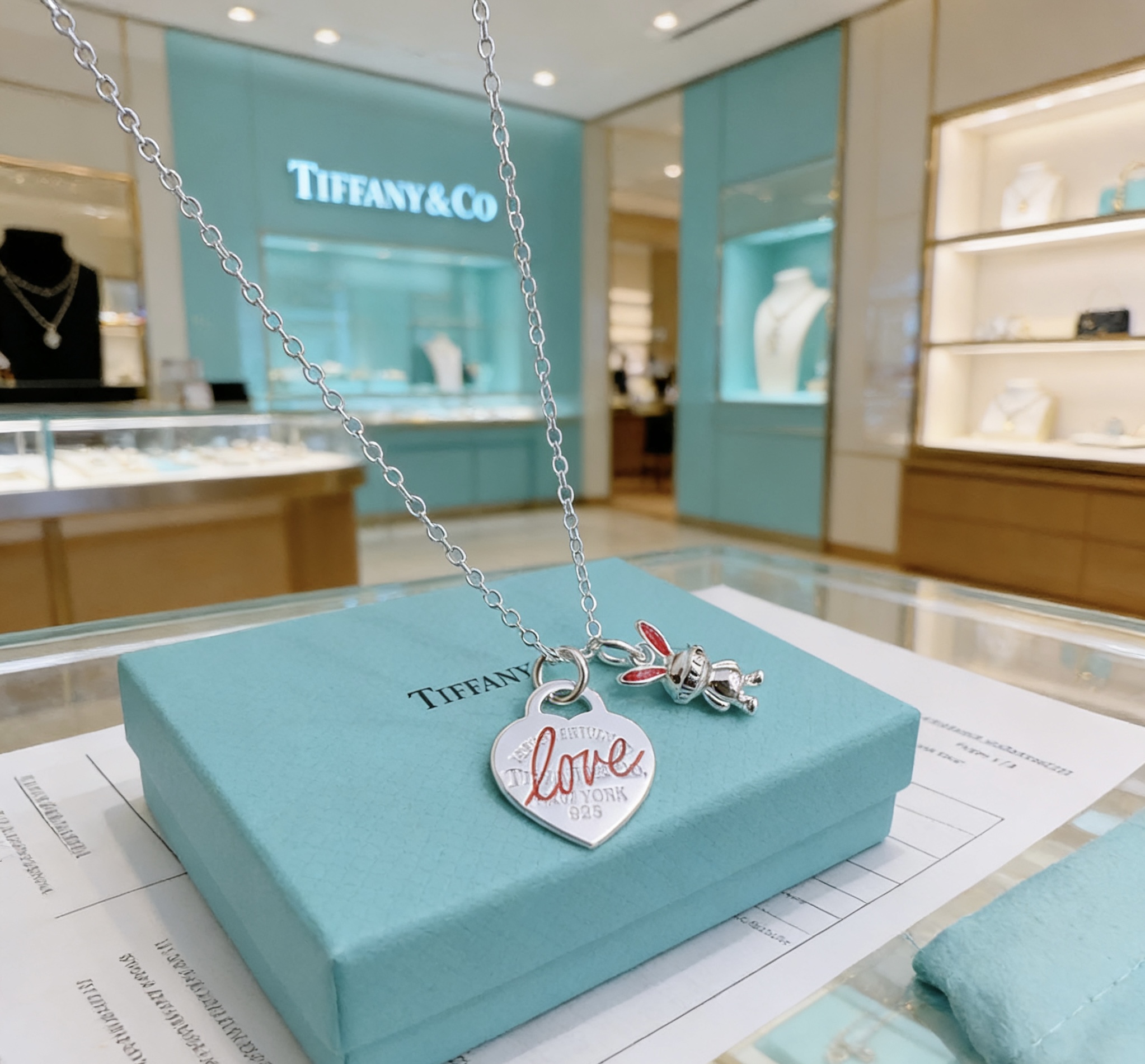 Tiffany Co Return to Tiffany Love Heart Tag with Bunny Charm necklace Sterling silver with red enamel accents 45cm