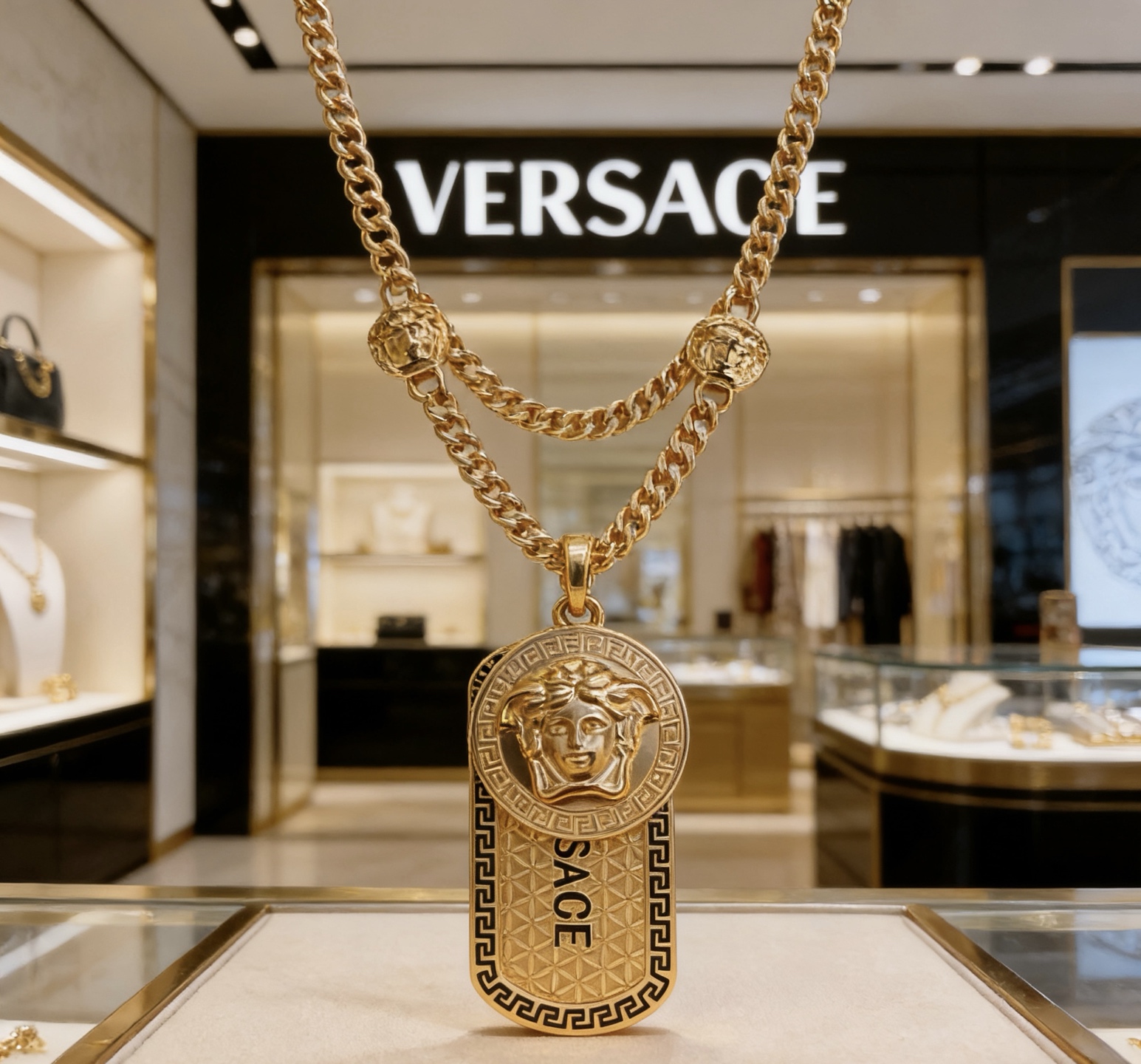 NO:724911,High-quality Versace necklace Medusa avatar original single goods counter new open mold retro trendy fashion must-have. Can be worn by both men and women. Same style for couples. Rock punk Thai silver style. Retro elements. Trendy and versatile. The same necklace from the official website. The latest chain has a higher grade. Celebrity classic necklace series retro silver necklace. The chain length is 60 cm. The length can be changed. The details are distressed. Non-market glossy version. This one has been released. The best-selling model in Versace.  Very easy to match with trendy clothes, fine jewelry, versace, necklace19860909高品质范思哲项链美杜莎头像原单货专柜新款开模复古潮流时尚必备 男女均可佩戴 情侣款同款 摇滚朋克泰银风格 复古元素 潮流百搭 官网同款项链最新款链条档次更高明星经典款项链系列复古银项链 链长60厘米可改长度 细节对版做旧处理 非市面亮面版型 这款一直在出 范思哲里面热卖款 非常好搭配潮流衣服,饰品精品,versace,necklace,Jewelry