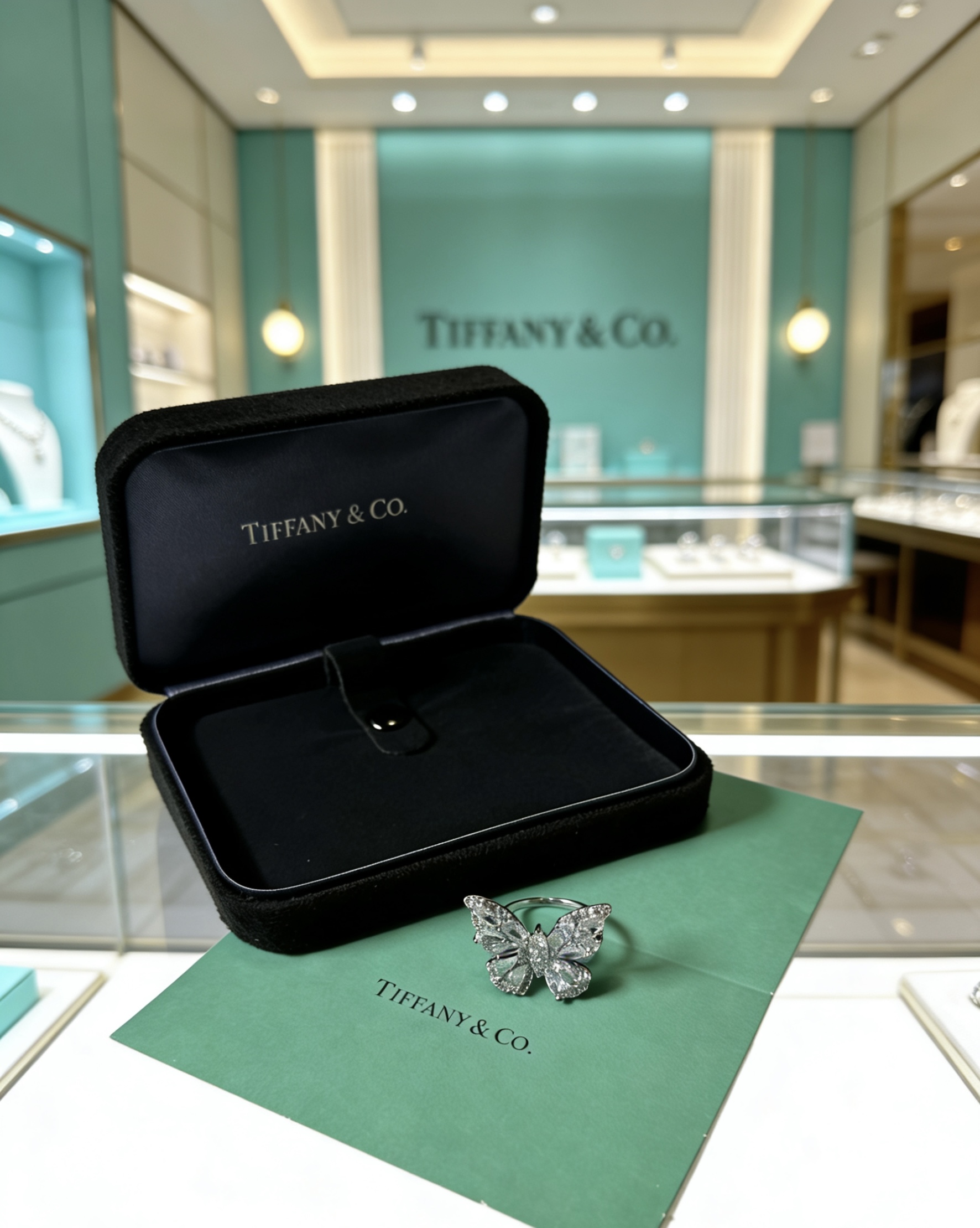 Tiffany Co Butterfly ring silver-toned metal with clear faceted gemstones US 7