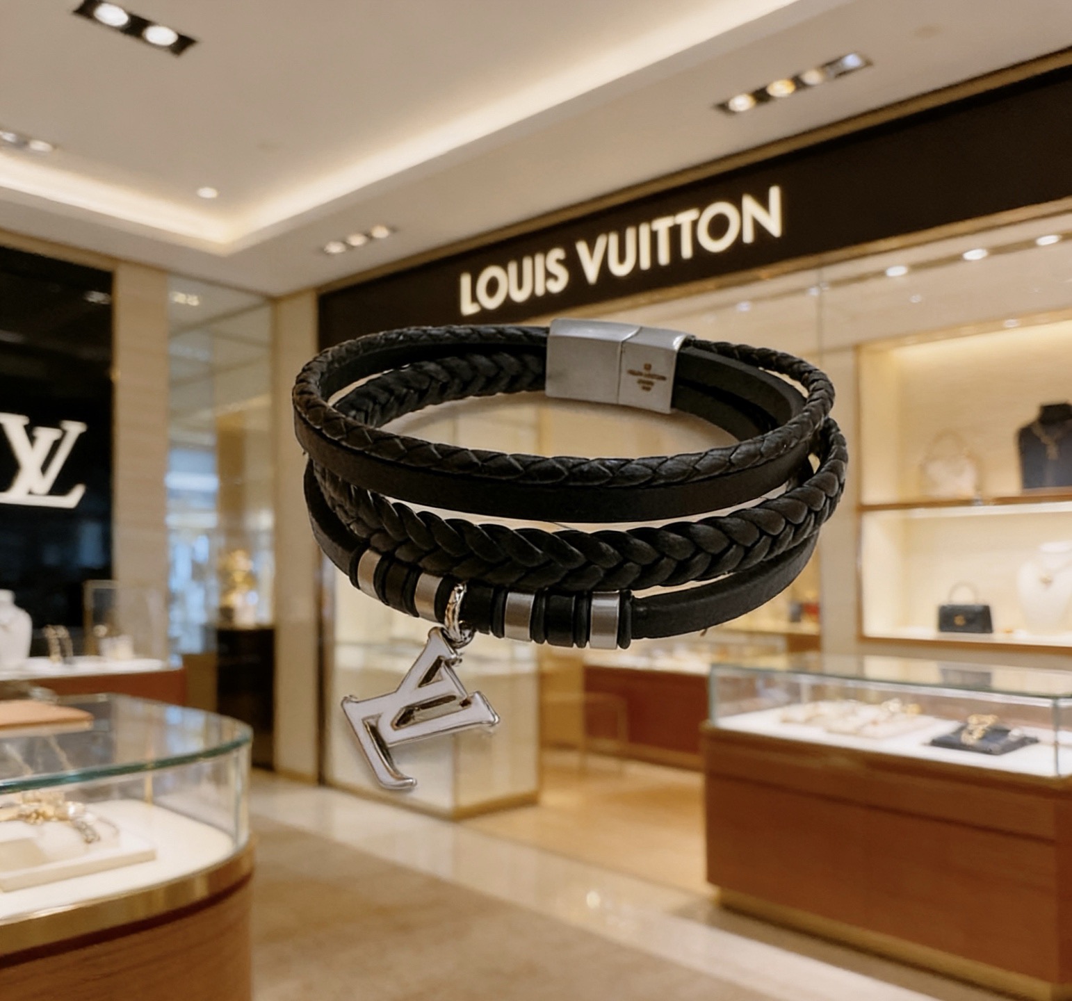 Louis Vuitton 路易威登LV牛皮手链 潮流 男女均可佩戴 同款 摇滚朋克泰银风格 元素 潮流百搭 项链最新款链条档次更高明星 款手链古巴链系列 银手链