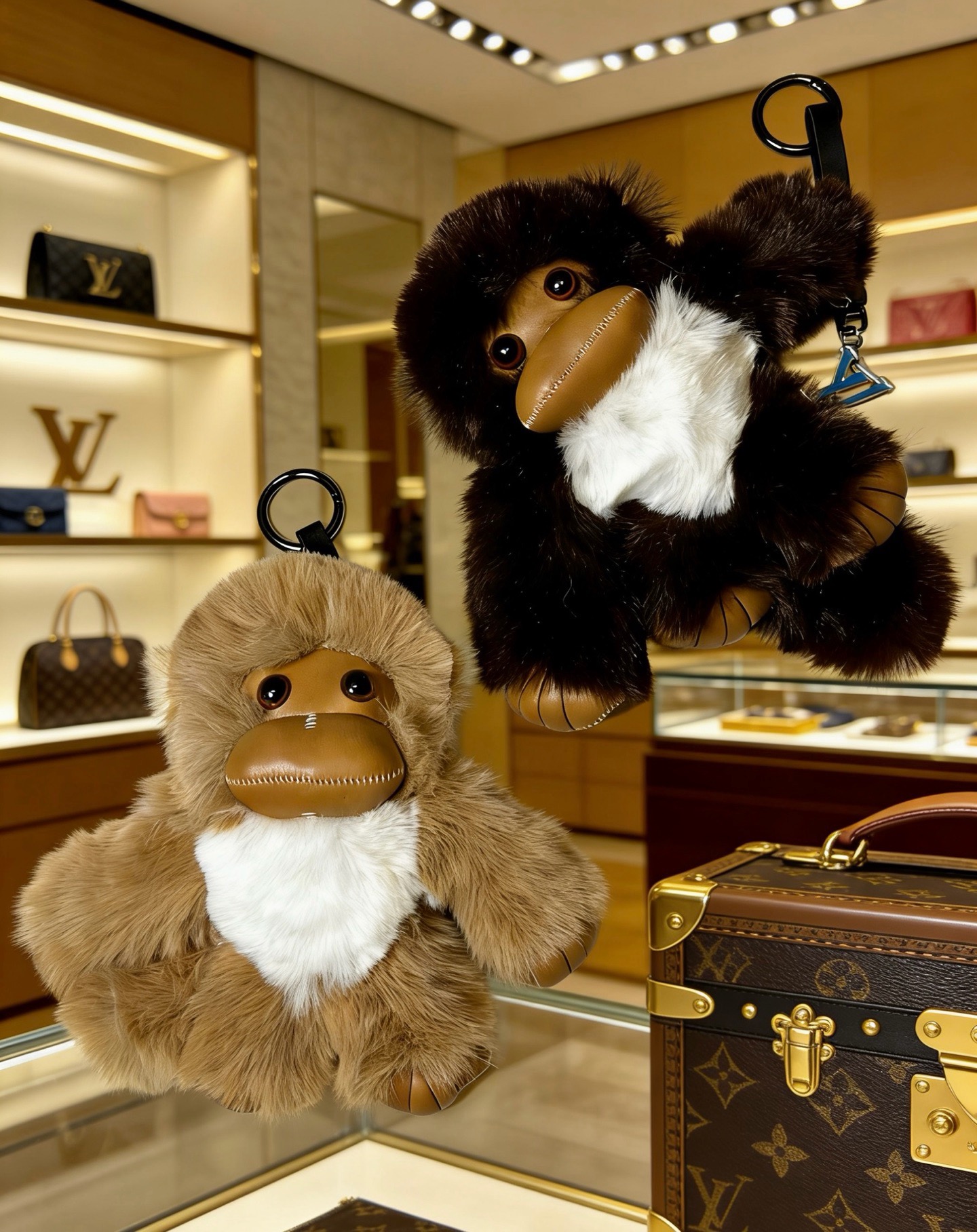 Louis Vuitton Anger Forest Monkey Keychain Charm pendant Light tan fur with white chest tan leather face black metal hardware blue fabric strap Dark brown fur variant with white chest tan leather face silver-tone hardware 12cm plush charm with 5cm key ring