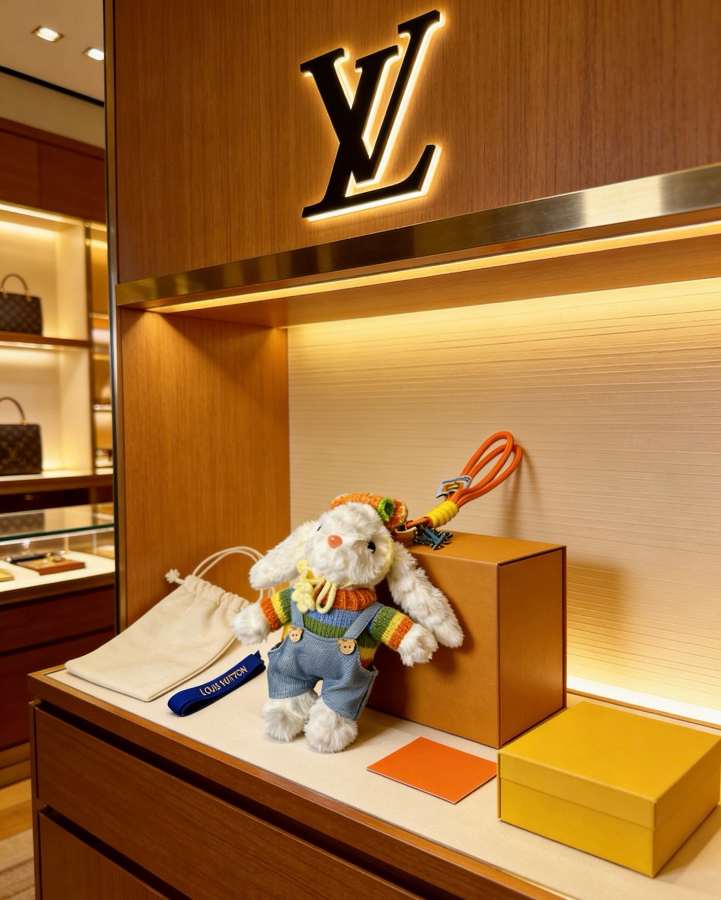Louis Vuitton Anger Forest Bunny Plush Keychain pendant Orange and yellow cord strap silver-tone metal LV logo charm white plush bunny with multicolor knit sweater light blue denim overalls orange carrot hat 18cm total length