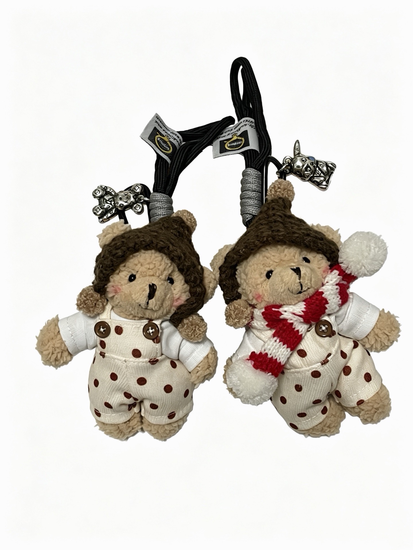 Louis Vuitton Anger Forest Bear Charm pendant silver tone metal beige plush brown knit white fabric with brown polka dots red and white knit black cord gray cord wrap 12cm total length