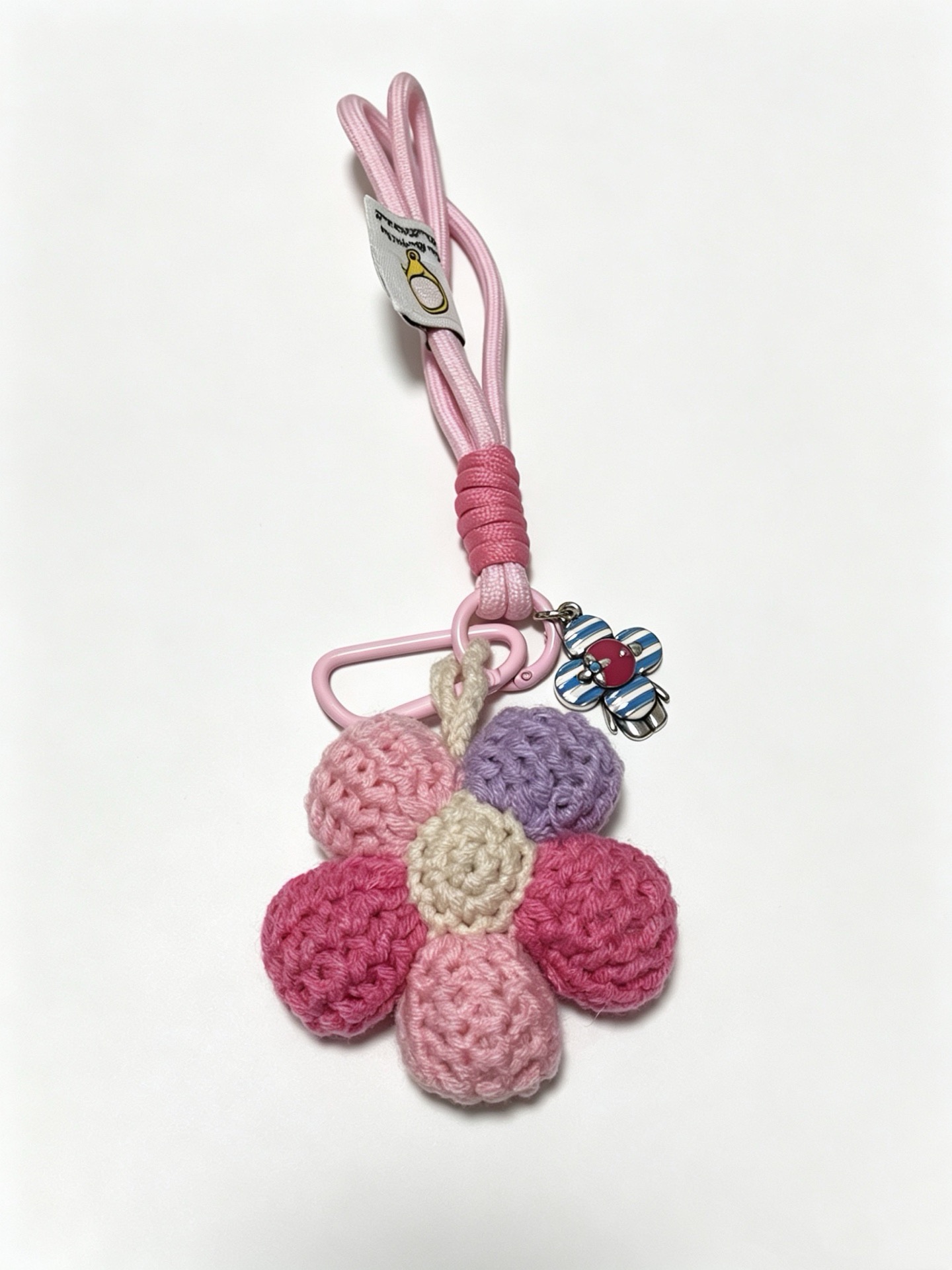 Louis Vuitton Anger Forest Crochet Flower Keychain Charm pendant Pink light pink purple cream crocheted flower with pink cord pink metal hardware silver-tone enamel flower charm 12cm total strap length