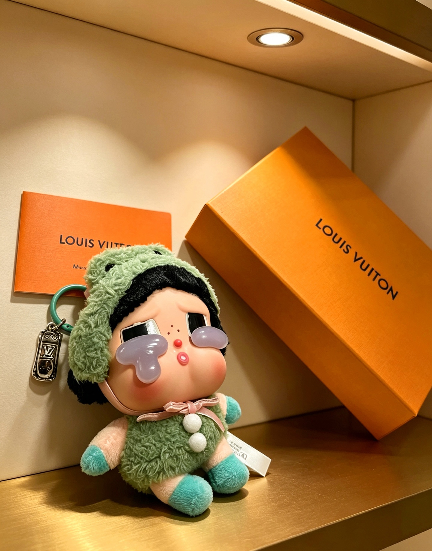 Louis Vuitton Anger Forest pendant silver metal charm green leather lanyard green plush doll with pink and teal accents 20cm lanyard length